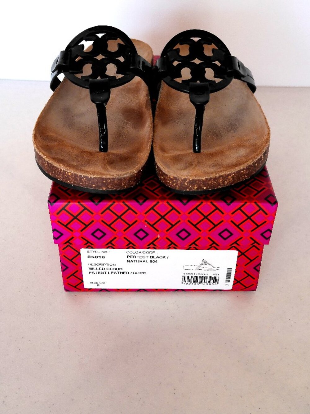 Tory Burch Miller Cloud Patent Leather/Cork Sandals Size 8 Black